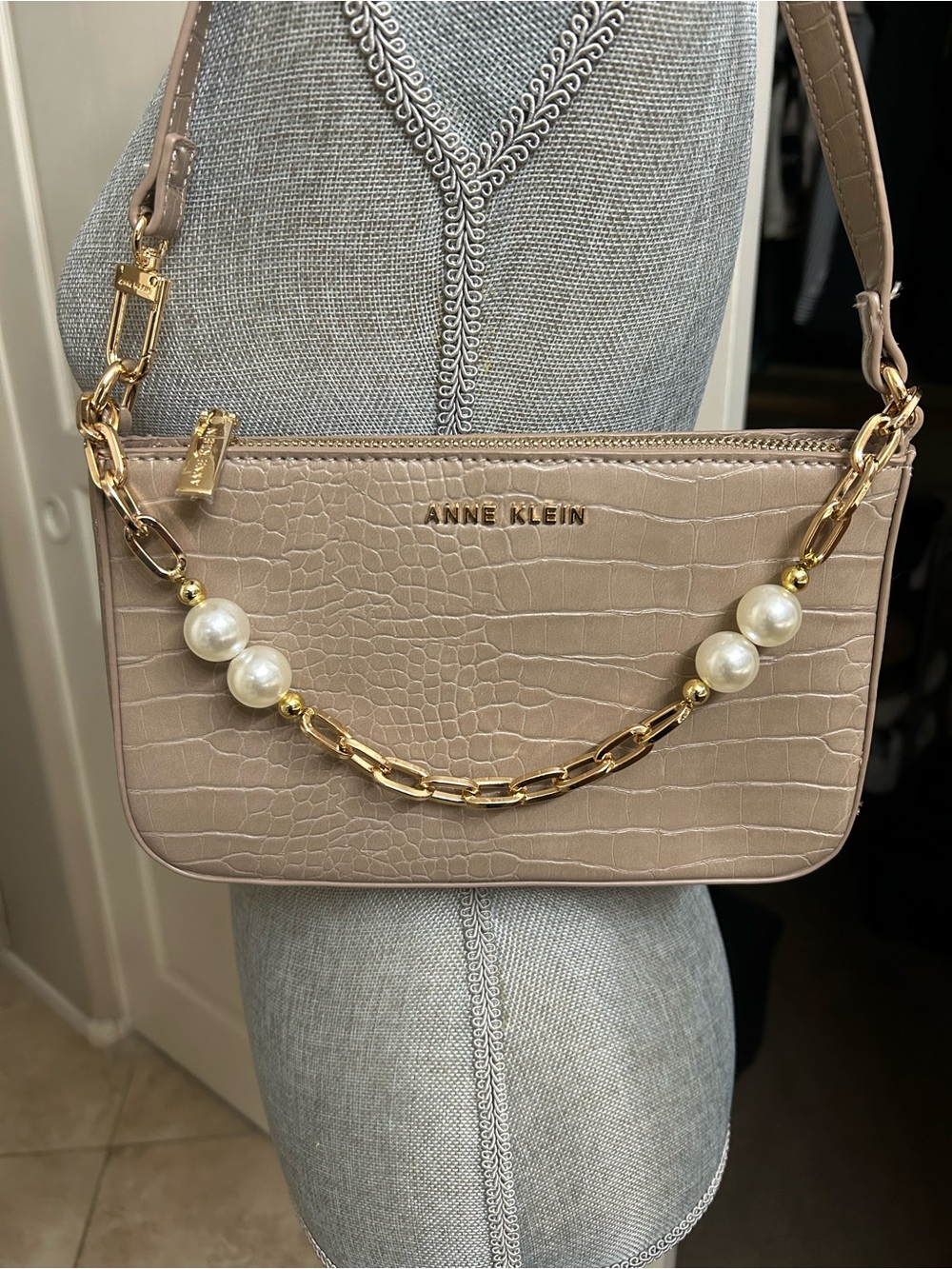Anne Klein Croc-Embossed Taupe Crossbody with Pearl & Gold Chain